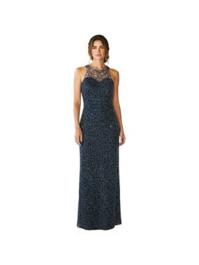 Vintage Scala Silk Maxi Dress Blue Beaded Lace S Open Back Elegant Evening Gown